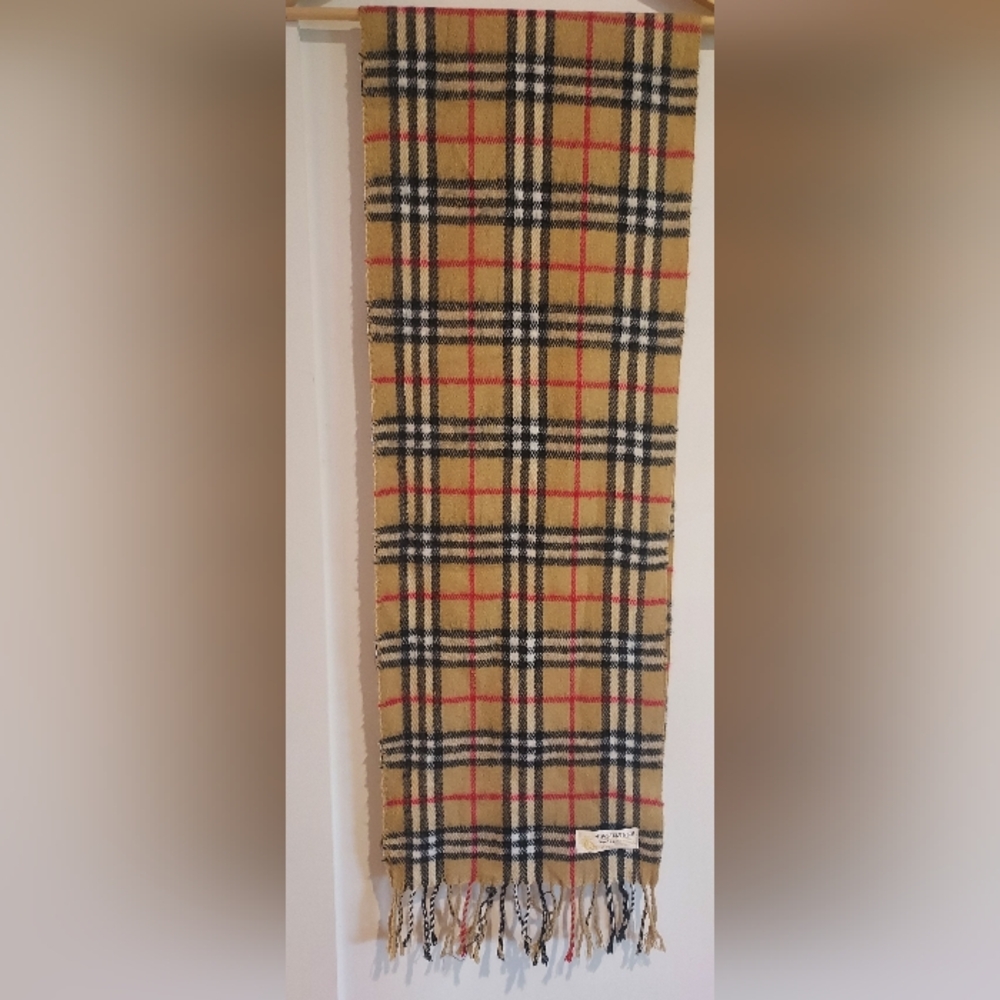 Royal Rossi Mongolian Cashmere Beige Black Red Tartan Plaid Fringe Scarf